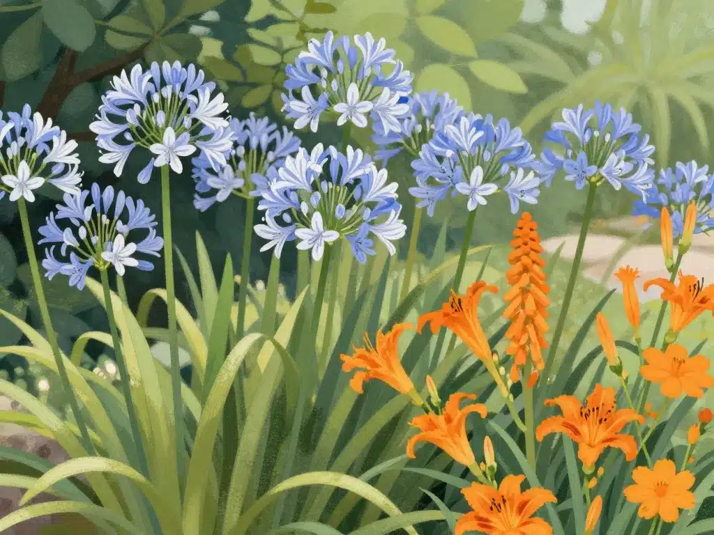 scène jardin agapanthe orange et fleurs orange compagnes