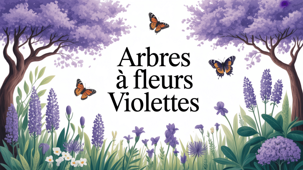 illustration jardin d'arbres à fleurs violettes et pollinisateurs