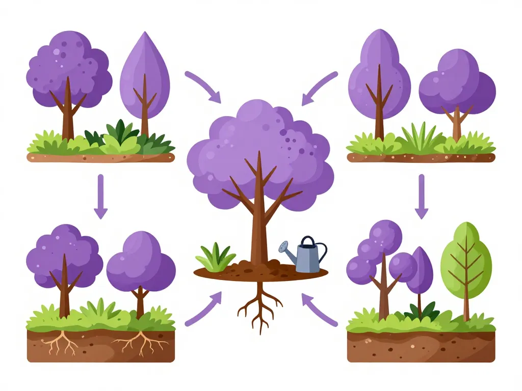 diagramme planter et associer arbres à fleurs violettes