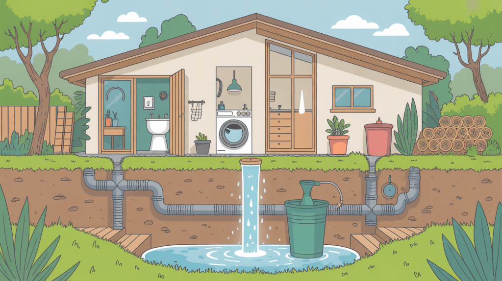 Vue coupe installation pompe pour eau de pluie