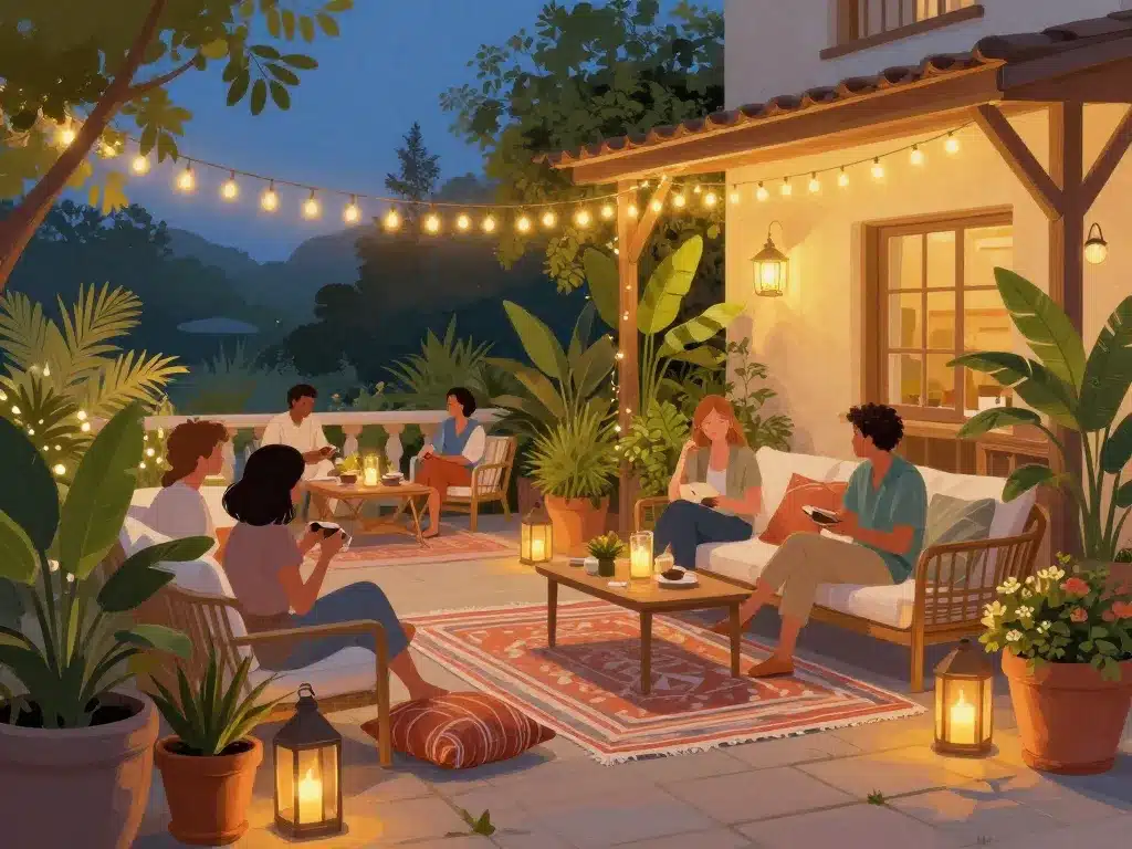 terrasse d'été conviviale avec meubles, végétation et lumières
