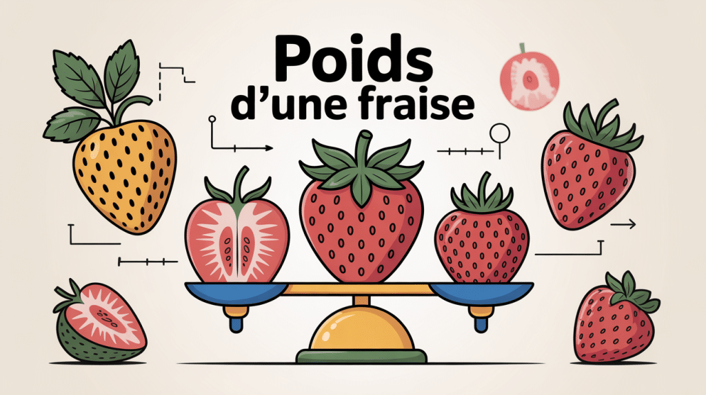 Poids d'une fraise illustré sur une balance avec plusieurs tailles