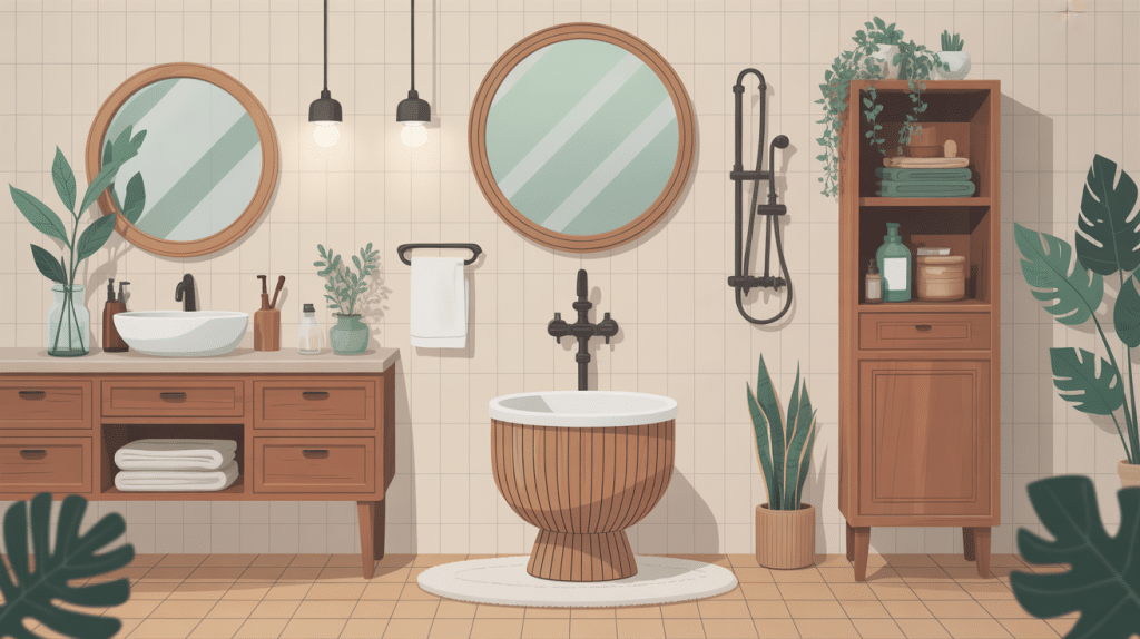 poubelle de salle de bain en bois mise en avant dans une salle moderne