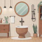 poubelle de salle de bain en bois mise en avant dans une salle moderne