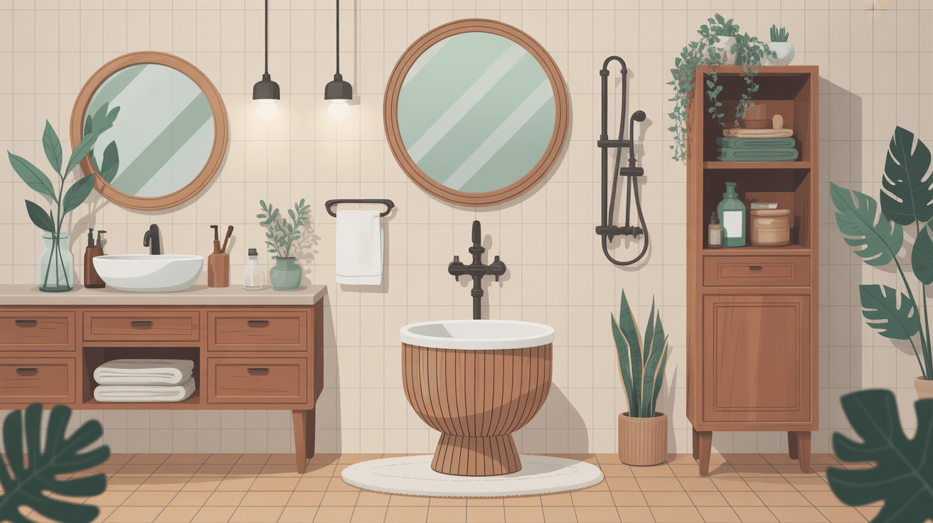 poubelle de salle de bain en bois mise en avant dans une salle moderne