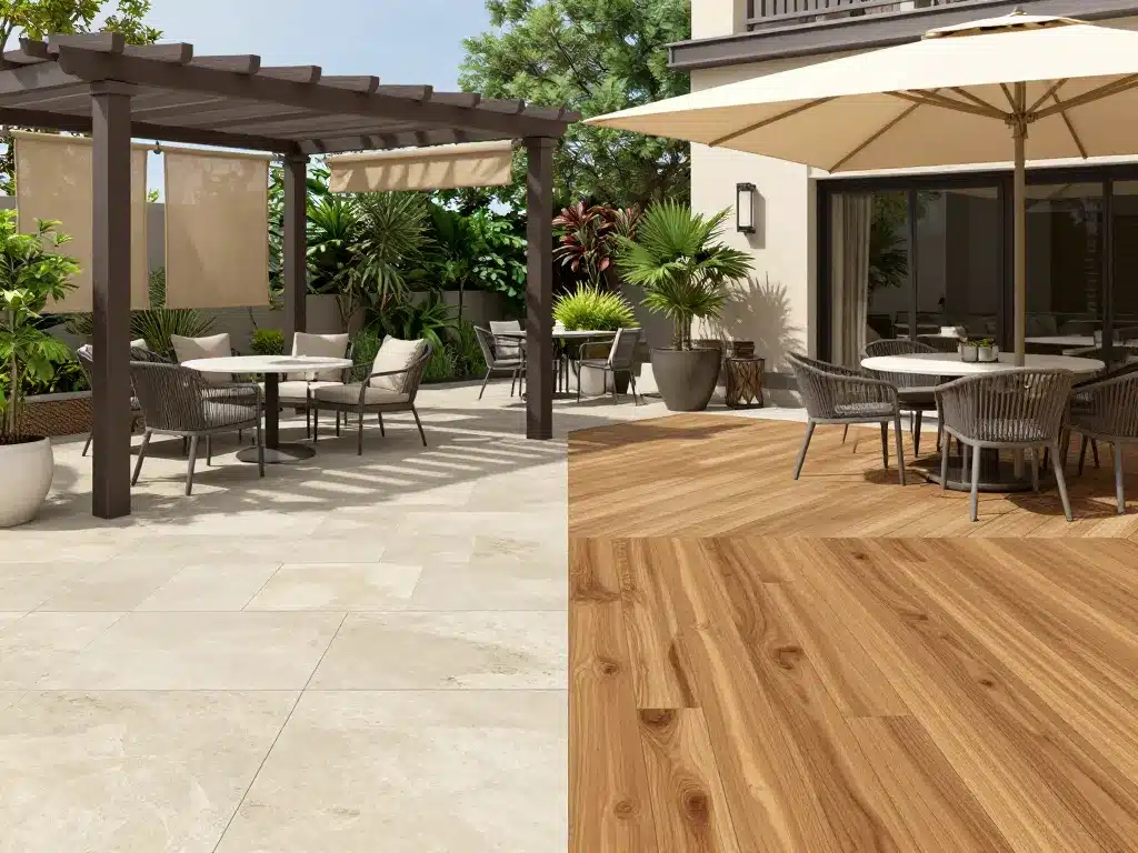 terrasse d'été avec différents sols et zones d'ombre