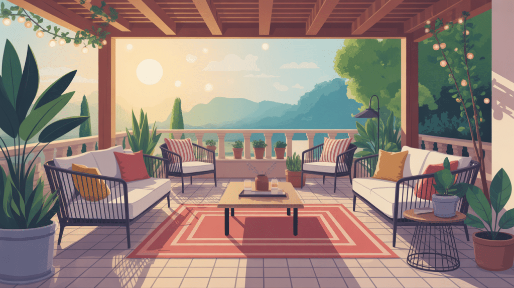 terrasse d'été accueillante sous le soleil avec mobilier et plantes