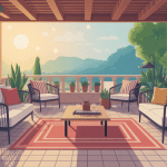 terrasse d'été accueillante sous le soleil avec mobilier et plantes