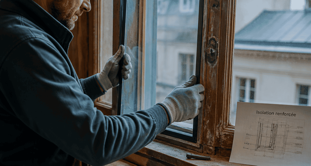 Artisan en train de changer un double vitrage sur une fenêtre en bois