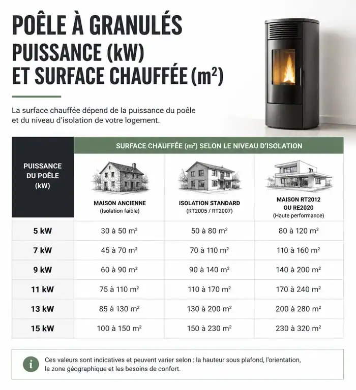 Infographie illustrant la surface chauffée par un poêle à granulés de 8 kW selon l'isolation du logement