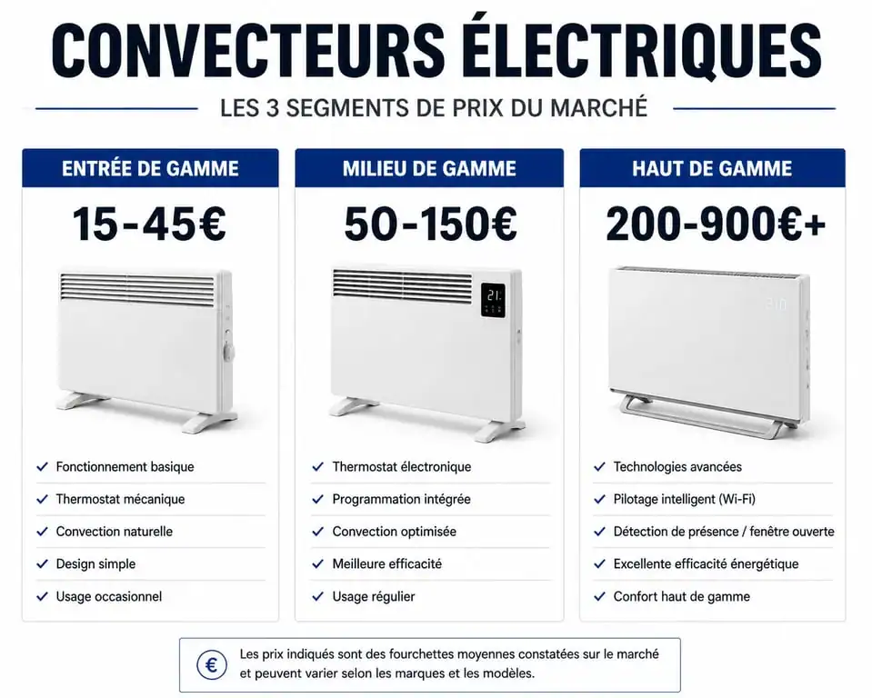 Comparatif des gammes de prix des convecteurs électriques : entrée, milieu et haut de gamme