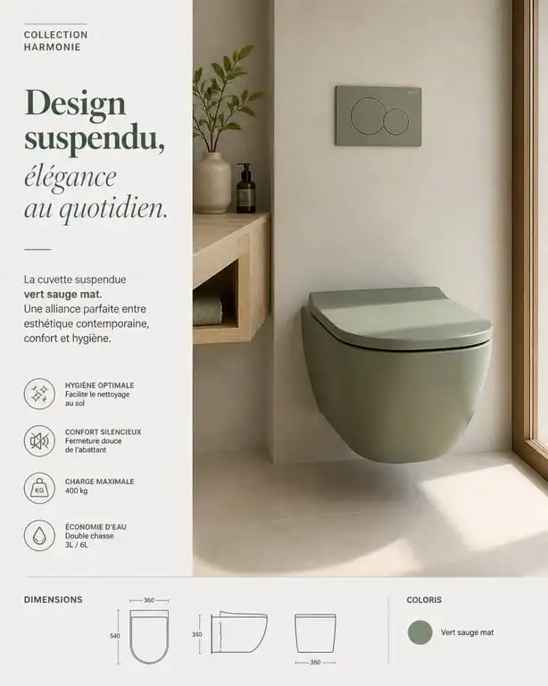 Toilette colorée vert sauge mat dans une salle de bain moderne