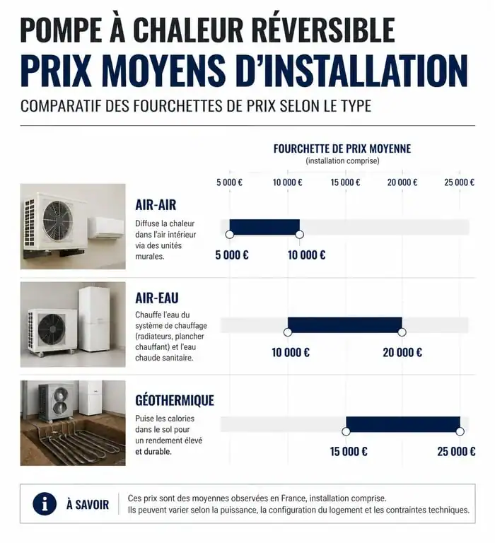 Tableau comparatif des prix moyens pour l'installation d'une pompe à chaleur clim réversible selon la technologie