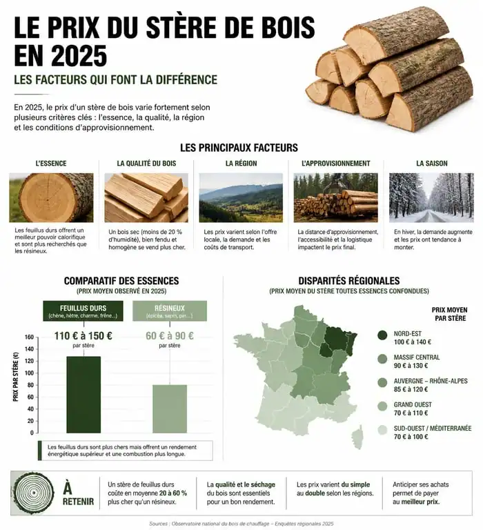 Infographie des facteurs de prix du stère de bois 2025 et comparaison par essence et région