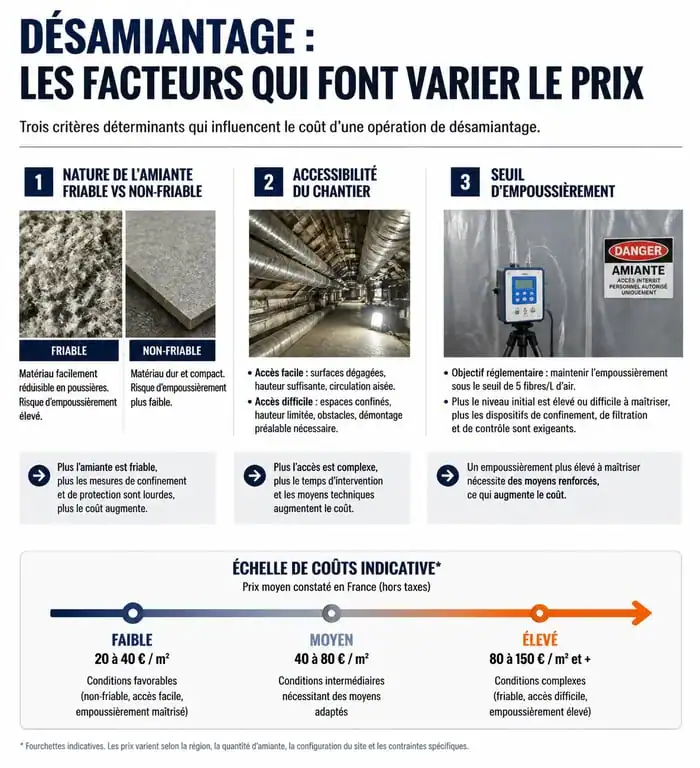 Infographie des facteurs impactant le prix du désamiantage et les coûts moyens