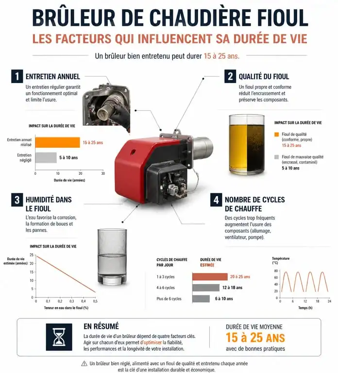 Infographie des facteurs influençant la durée de vie d'un brûleur de chaudière fioul