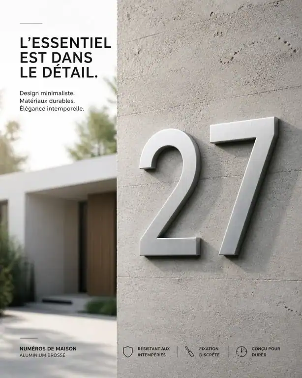 Numéro de maison design en aluminium brossé sur façade moderne