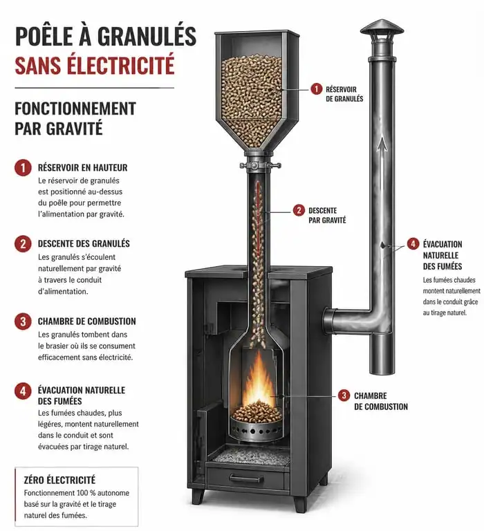 Schéma de fonctionnement d'un poêle à granulés sans électricité par gravité