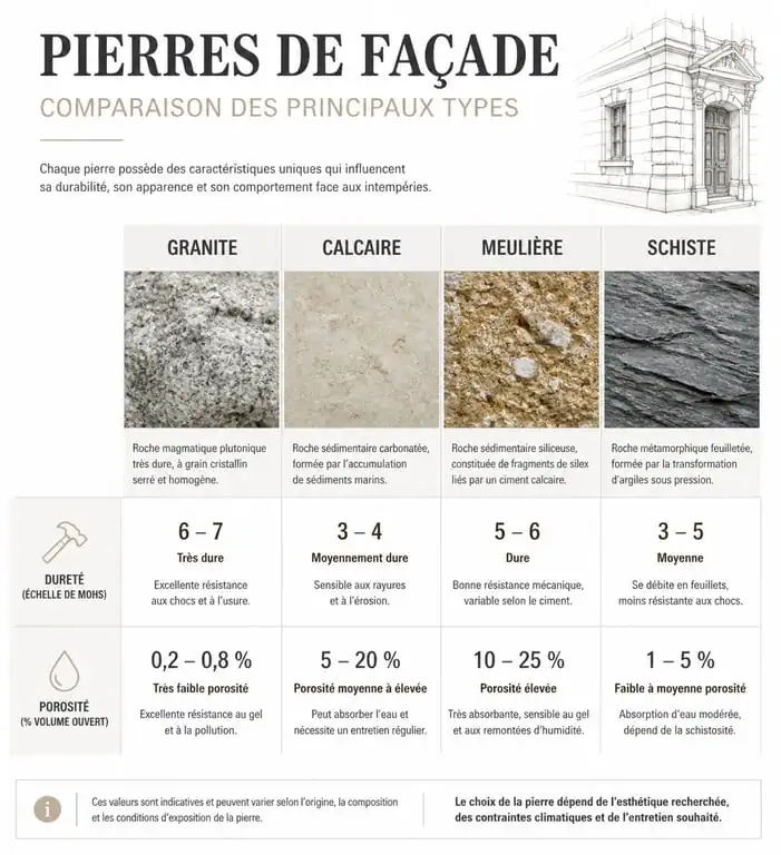 Comparatif des types de pierres pour façade apparente : Granite, Calcaire, Meulière et Schiste