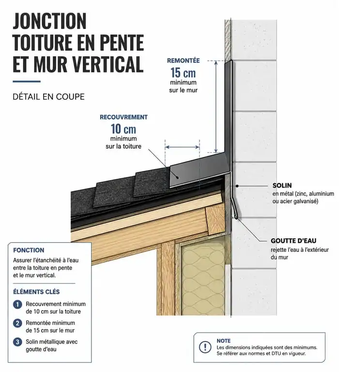 Schéma technique de l'étanchéité d'un toit contre un mur avec solin