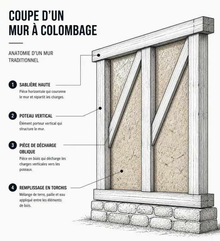 Schéma technique de l'anatomie d'un mur à colombage avec ossature bois et remplissage