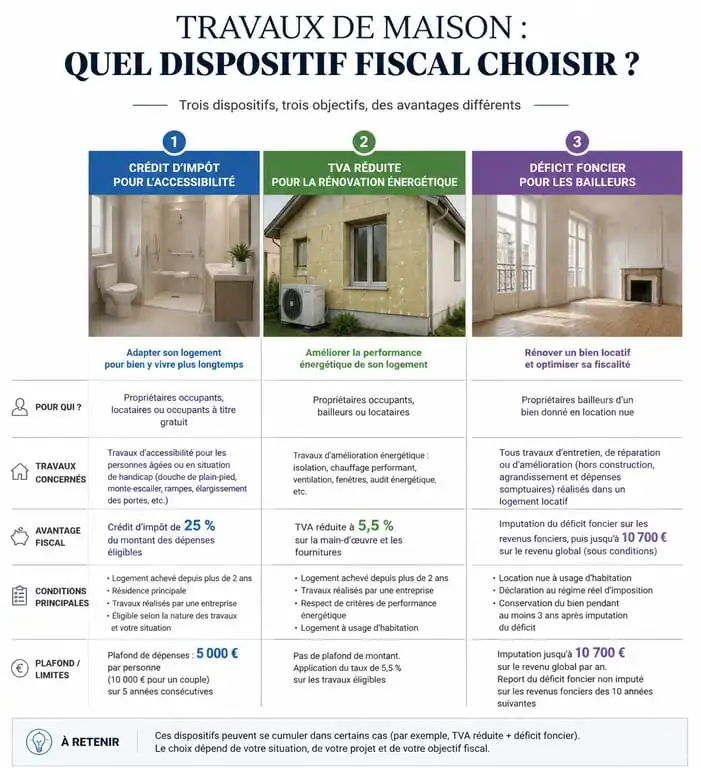Tableau comparatif des dispositifs fiscaux pour les travaux de maison et impôts