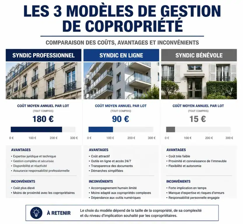 Comparatif des tarifs et services : syndic professionnel, syndic en ligne et syndic bénévole pour petite copropriété