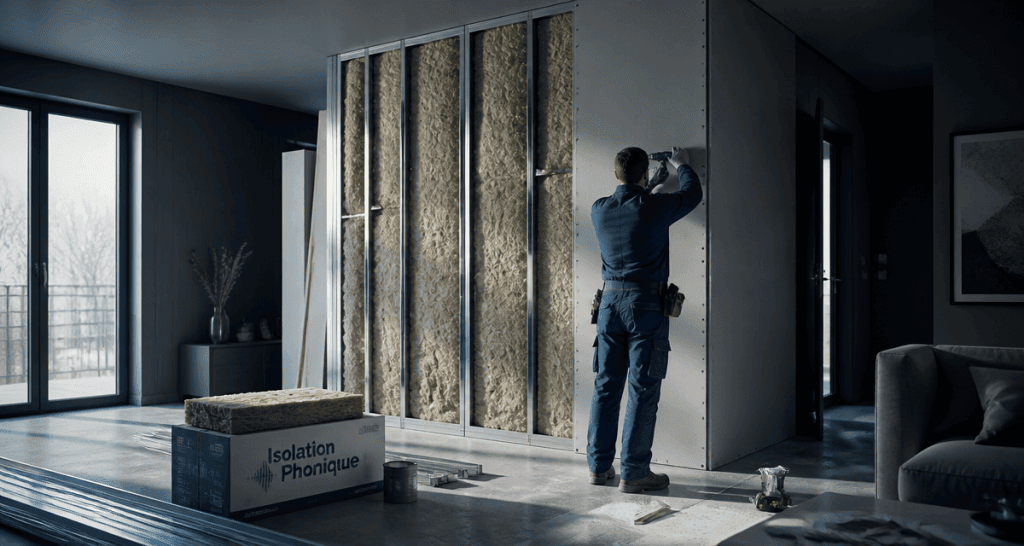 isoler phoniquement un mur mitoyen avec laine de roche et plaque de plâtre