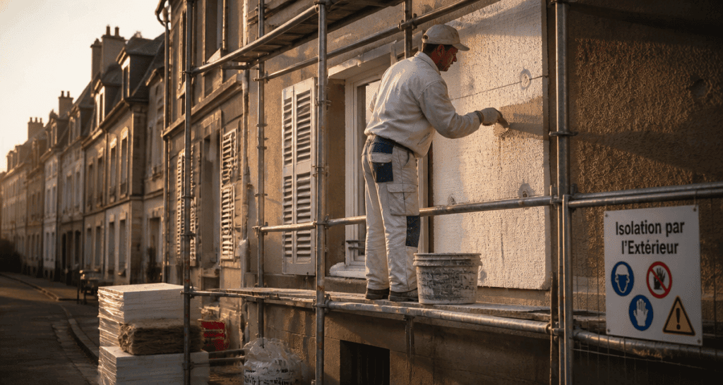 Ravalement ITE artisan sur échafaudage façade