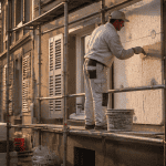 Ravalement ITE artisan sur échafaudage façade
