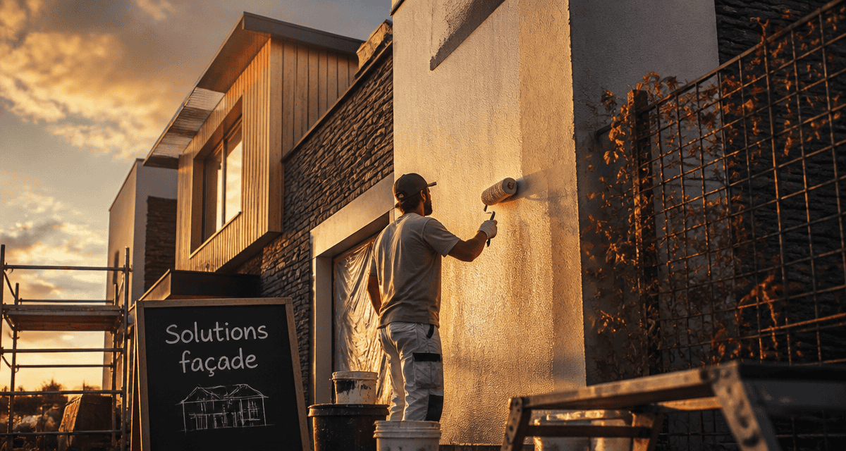 Solutions rénover ou embellir façade, artisan appliquant peinture technique sur façade mixte