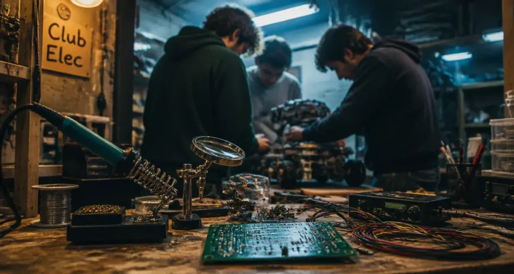 Club Elec : atelier d’électronique, fer à souder et PCB en cours