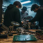 Club Elec : atelier d’électronique, fer à souder et PCB en cours