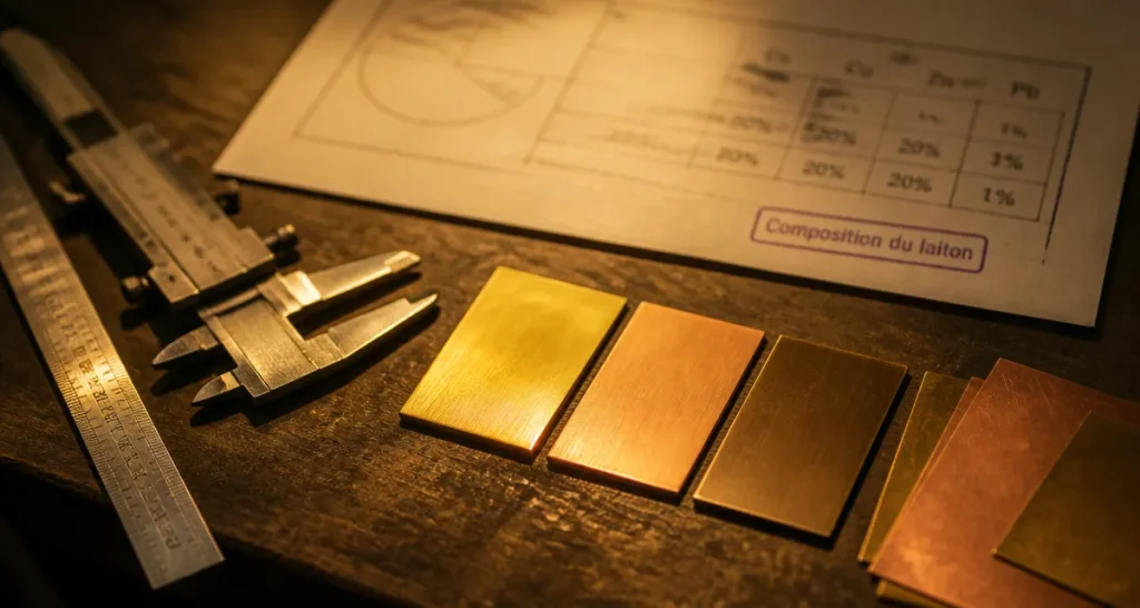 composition laiton : échantillons de laiton poli et schéma de chimie