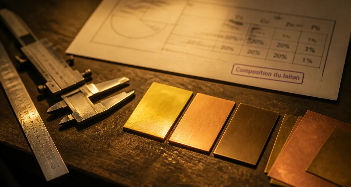 composition laiton : échantillons de laiton poli et schéma de chimie