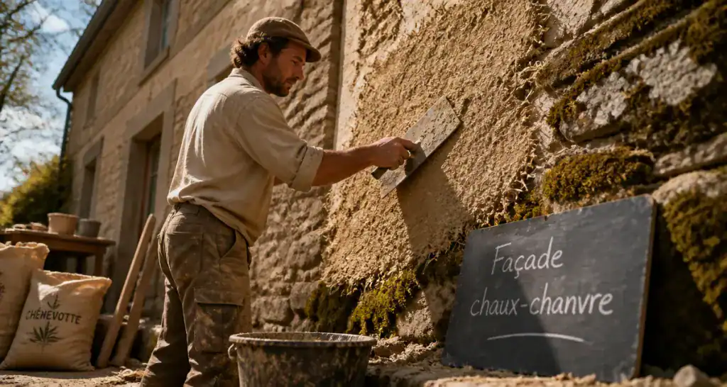 Enduit chaux chanvre exterieur artisan facade pierre