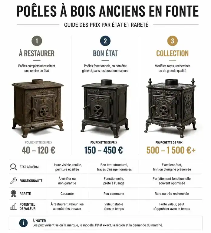 Infographie des prix des poêles à bois anciens en fonte selon l'état de conservation