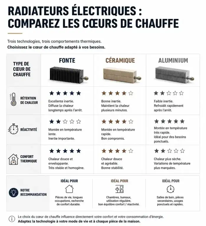 Comparatif des cœurs de chauffe pour radiateur inertie sèche 2000w : fonte, céramique et aluminium
