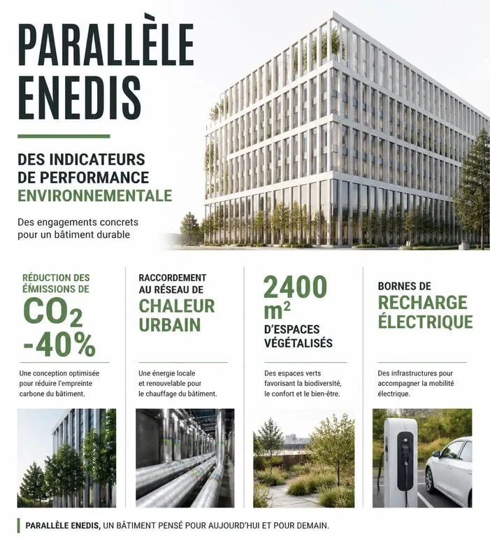 Infographie des performances environnementales du bâtiment Parallèle Enedis