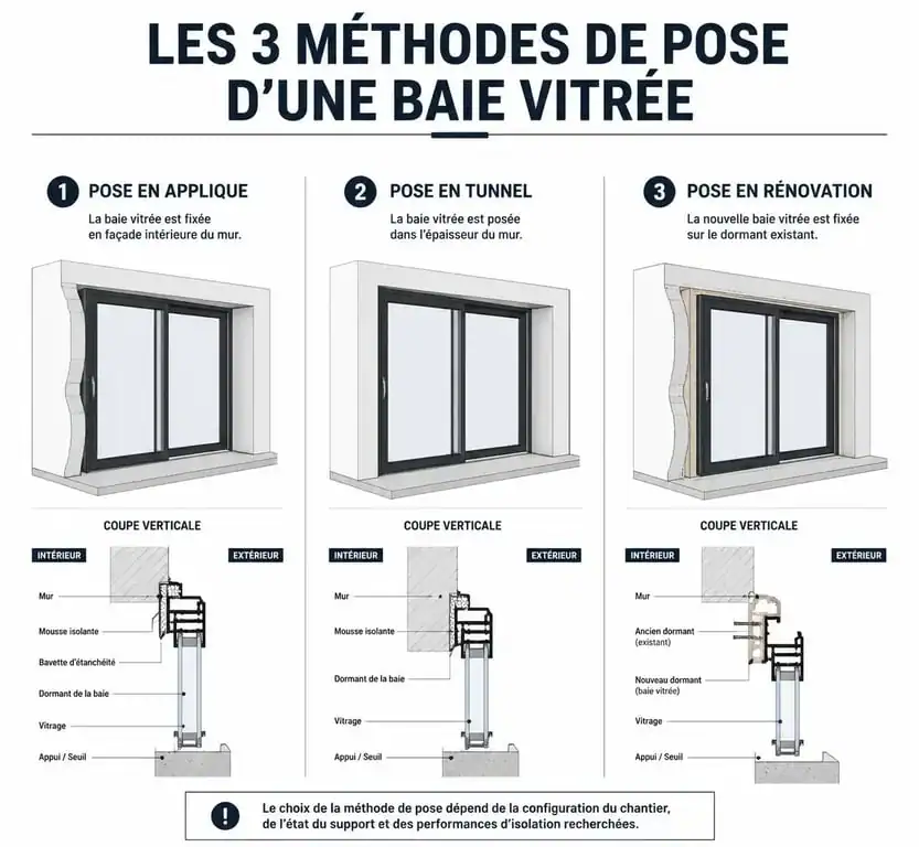 Schéma des différentes méthodes d'installation d'une baie vitrée : applique, tunnel et rénovation.
