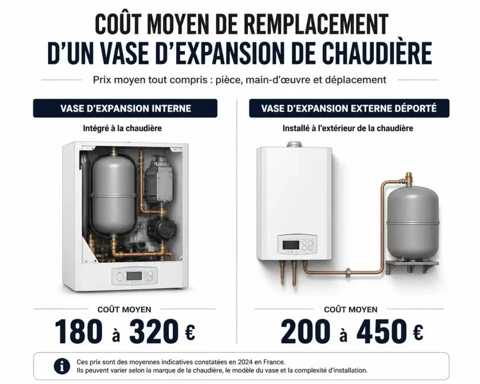 Infographie comparative des tarifs de remplacement d'un vase d'expansion de chaudière : modèle interne vs modèle externe