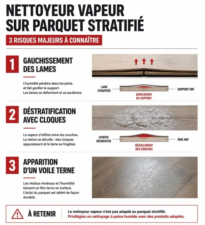Infographie des risques d'utilisation d'un nettoyeur vapeur sur parquet stratifié : gauchissement, déstratification et traces ternes.