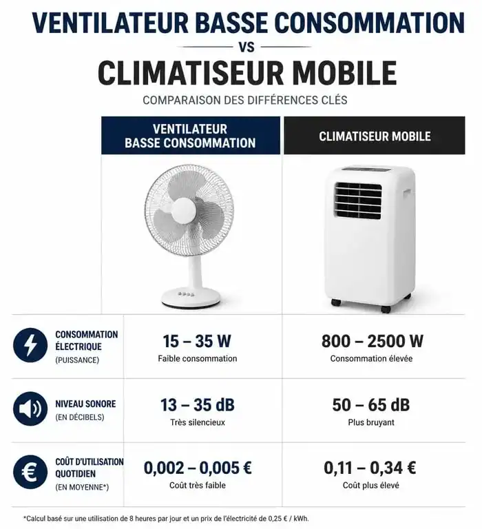 Comparatif visuel entre ventilateur basse consommation et climatiseur mobile : consommation électrique, niveau sonore et coût journalier.