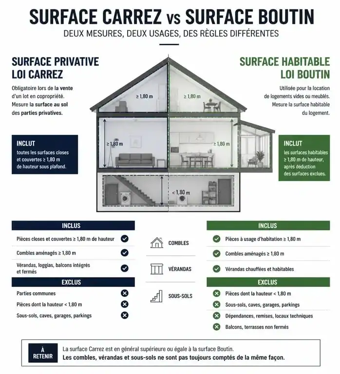 Comparatif visuel entre la surface privative loi Carrez et la surface habitable loi Boutin pour un bien immobilier