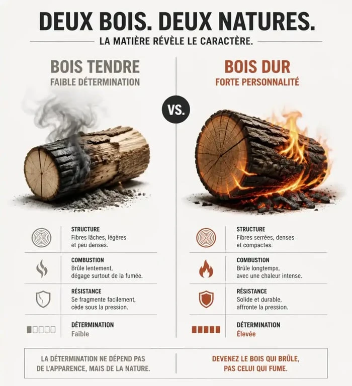 Infographie illustrant la métaphore de l'expression de quel bois je me chauffe, comparant la qualité du bois au caractère humain.
