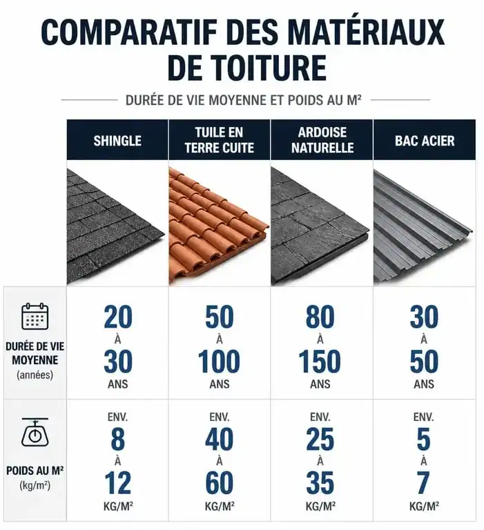 Comparatif de la durée de vie et du poids des matériaux de toiture : shingle, tuile, ardoise et bac acier