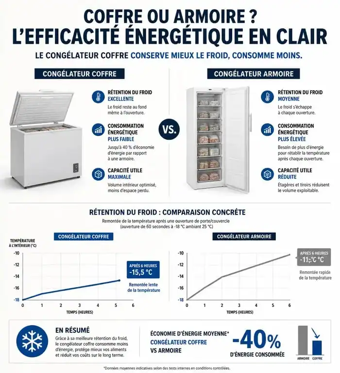 Infographie comparative de l'efficacité énergétique d'un congélateur basse consommation coffre vs armoire