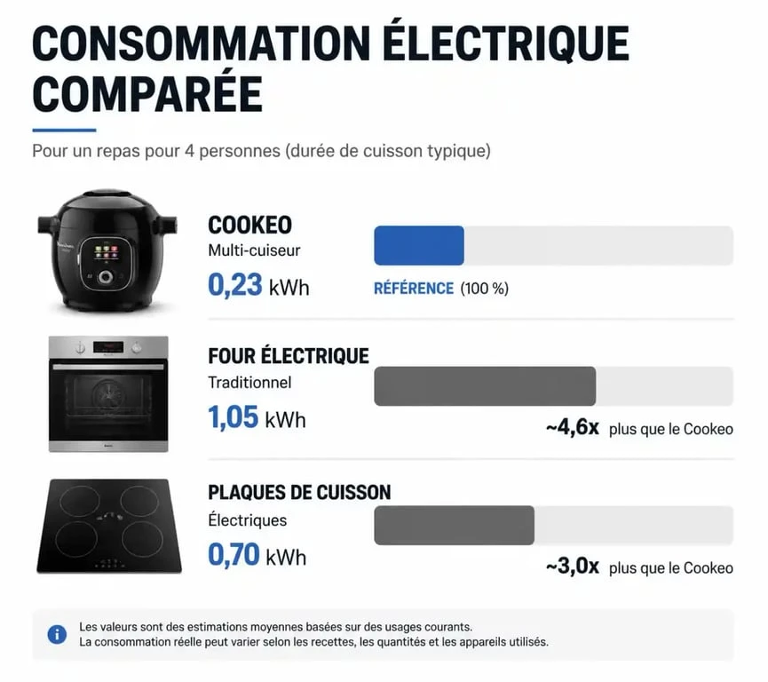 Infographie comparative de la consommation électrique : Cookeo vs four et plaques de cuisson