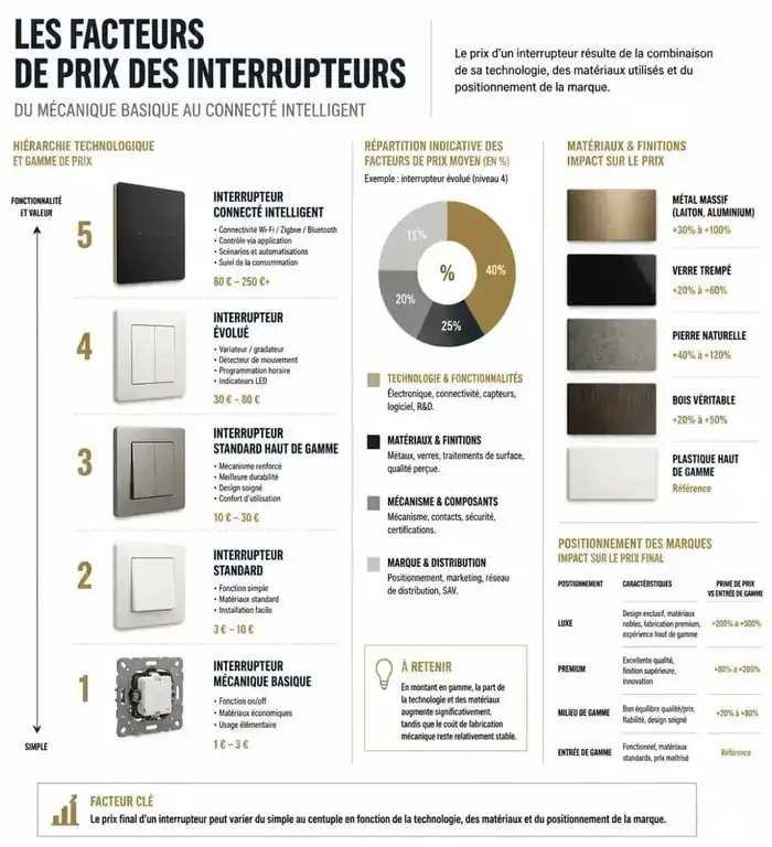 Infographie sur les facteurs influençant le prix des interrupteurs électriques selon la technologie et la finition