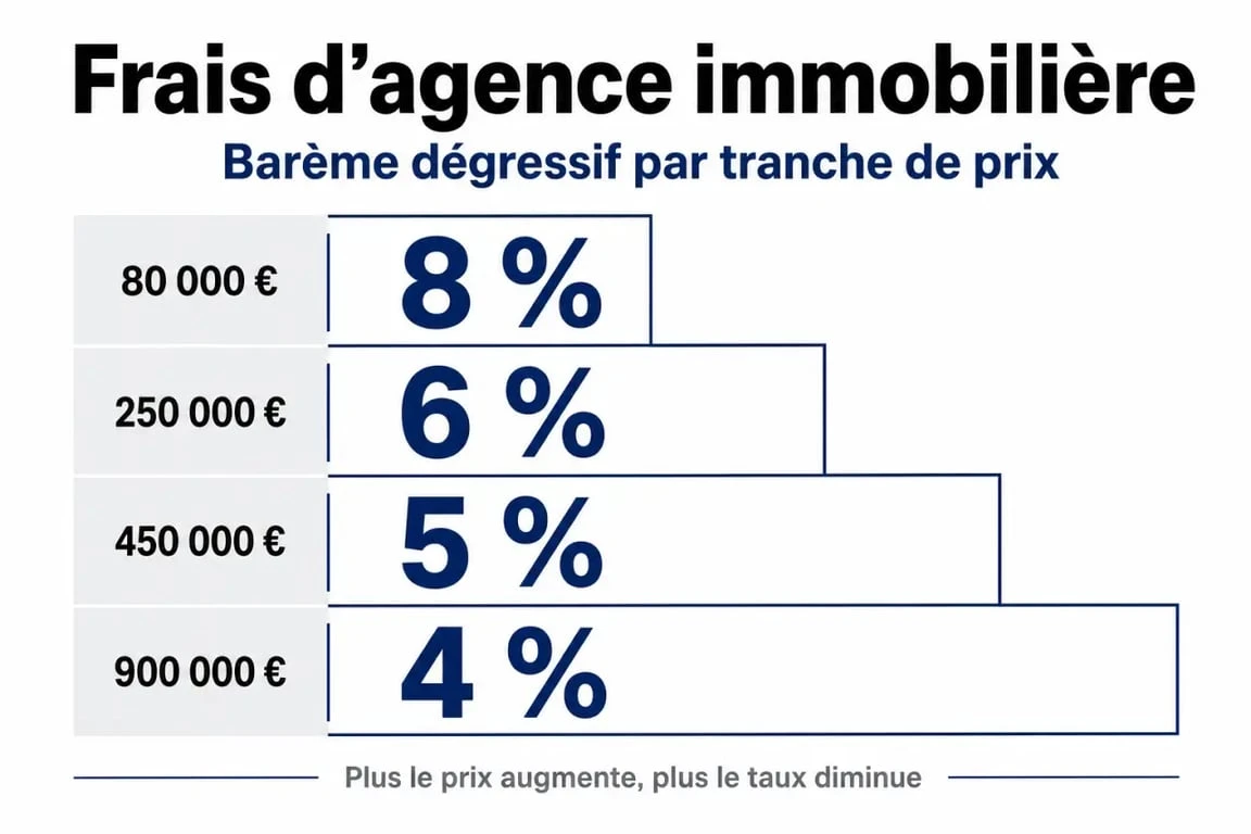 Infographie des frais d'agence Stéphane Plaza 2024 : barèmes dégressifs selon le prix de vente du bien immobilier